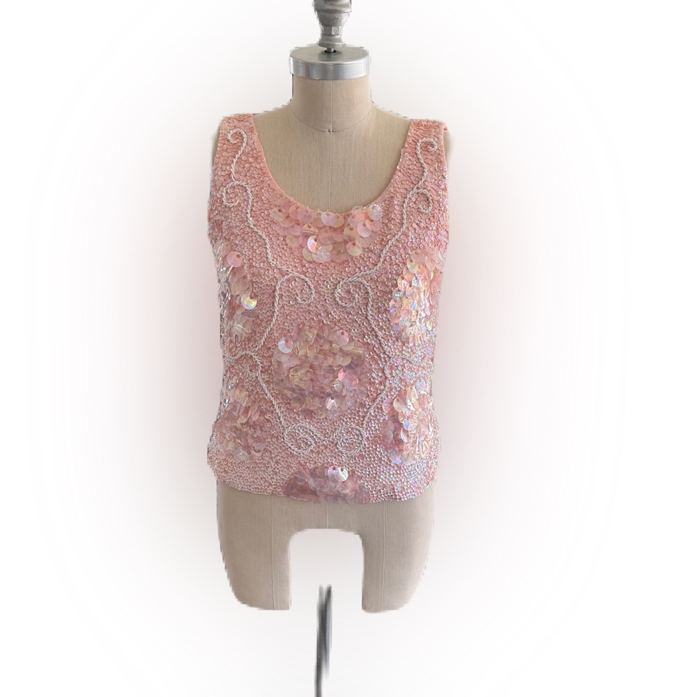 Vintage Regalia Imports of Hong Kong Pink Sequins Shimmery Line Top. Small